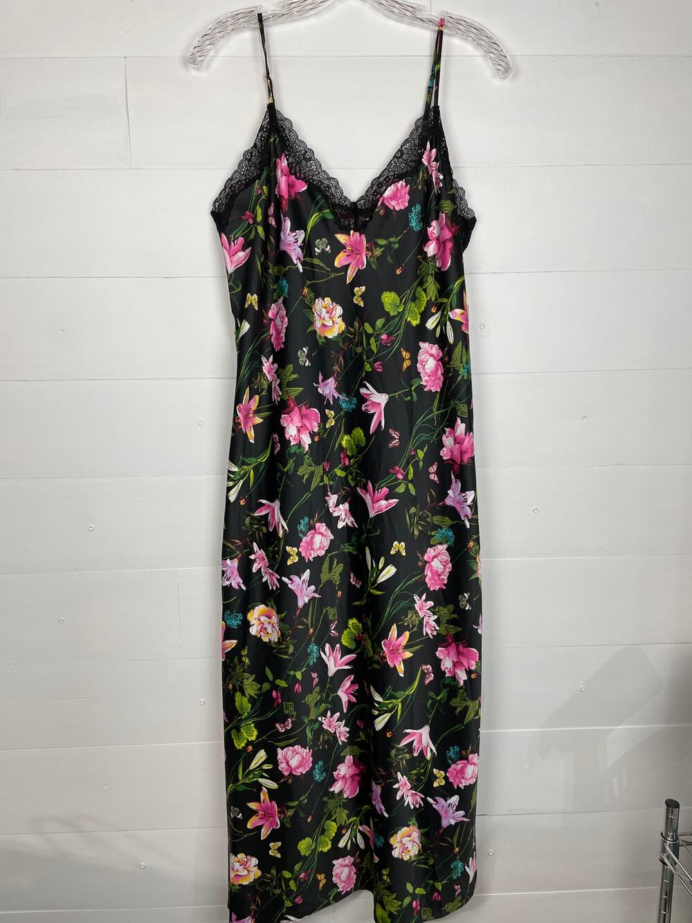 INC International Concepts Intimates Black Floral Satin Maxi Slip Dress NWT SzM